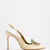 Manolo Blahnik Ivory Satin Sling-Back Heels with Jewel Detail Size EU 40.5