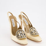 Manolo Blahnik Ivory Satin Sling-Back Heels with Jewel Detail Size EU 40.5