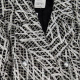 Chanel Black & White Checked Tweed Backless Jacket with Silver Screen Print and Pearl Belt at the Back Size FR 34 (UK 4)