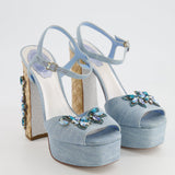 Rene Caovilla Blue Denim Sandal Heels with Crystal Embellishments Size EU 38.5