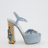 Rene Caovilla Blue Denim Sandal Heels with Crystal Embellishments Size EU 38.5