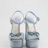 Rene Caovilla Blue Denim Sandal Heels with Crystal Embellishments Size EU 38.5