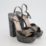 Miu Miu Silver Python-Effect Sandal Heels with Glitter Details Size EU 38.5