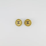 Chanel Vintage Brushed Gold Round Clip-On Earrings with Black CC Logo Detail