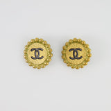 Chanel Vintage Brushed Gold Round Clip-On Earrings with Black CC Logo Detail