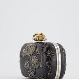 Alexander McQueen Black Leather Clutch Bag with Silver Hardware, Embellished Skull Clasp and Beaded Detail