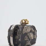 Alexander McQueen Black Leather Clutch Bag with Silver Hardware, Embellished Skull Clasp and Beaded Detail