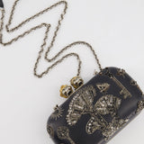 Alexander McQueen Black Leather Clutch Bag with Silver Hardware, Embellished Skull Clasp and Beaded Detail