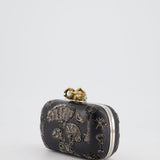 Alexander McQueen Black Leather Clutch Bag with Silver Hardware, Embellished Skull Clasp and Beaded Detail