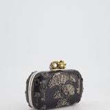 Alexander McQueen Black Leather Clutch Bag with Silver Hardware, Embellished Skull Clasp and Beaded Detail