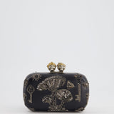 Alexander McQueen Black Leather Clutch Bag with Silver Hardware, Embellished Skull Clasp and Beaded Detail