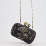 Alexander McQueen Black Leather Clutch Bag with Silver Hardware, Embellished Skull Clasp and Beaded Detail