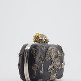 Alexander McQueen Black Leather Clutch Bag with Silver Hardware, Embellished Skull Clasp and Beaded Detail