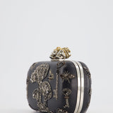 Alexander McQueen Black Leather Clutch Bag with Silver Hardware, Embellished Skull Clasp and Beaded Detail