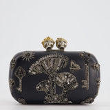 Alexander McQueen Black Leather Clutch Bag with Silver Hardware, Embellished Skull Clasp and Beaded Detail