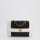 Chanel Black, White Vintage Mademoiselle Single Flap Bag in Lambskin Leather with 24K Gold Plated Hardware