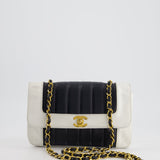 Chanel Black, White Vintage Mademoiselle Single Flap Bag in Lambskin Leather with 24K Gold Plated Hardware