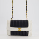 Chanel Black, White Vintage Mademoiselle Single Flap Bag in Lambskin Leather with 24K Gold Plated Hardware