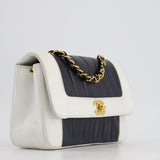 Chanel Black, White Vintage Mademoiselle Single Flap Bag in Lambskin Leather with 24K Gold Plated Hardware