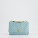 Chanel Tiffany Blue Chevron Quilted Trendy Wallet on Chain Bag in Lambskin Leather with Champagne Gold Hardware