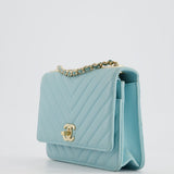 Chanel Tiffany Blue Chevron Quilted Trendy Wallet on Chain Bag in Lambskin Leather with Champagne Gold Hardware