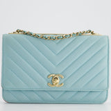 Chanel Tiffany Blue Chevron Quilted Trendy Wallet on Chain Bag in Lambskin Leather with Champagne Gold Hardware