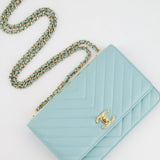 Chanel Tiffany Blue Chevron Quilted Trendy Wallet on Chain Bag in Lambskin Leather with Champagne Gold Hardware