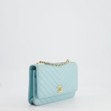 Chanel Tiffany Blue Chevron Quilted Trendy Wallet on Chain Bag in Lambskin Leather with Champagne Gold Hardware