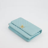 Chanel Tiffany Blue Chevron Quilted Trendy Wallet on Chain Bag in Lambskin Leather with Champagne Gold Hardware