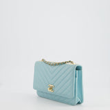 Chanel Tiffany Blue Chevron Quilted Trendy Wallet on Chain Bag in Lambskin Leather with Champagne Gold Hardware