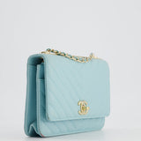 Chanel Tiffany Blue Chevron Quilted Trendy Wallet on Chain Bag in Lambskin Leather with Champagne Gold Hardware