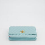 Chanel Tiffany Blue Chevron Quilted Trendy Wallet on Chain Bag in Lambskin Leather with Champagne Gold Hardware