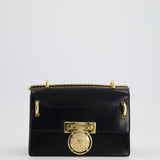 Balmain Black Ring Box 20 Flap Bag in Box Calfskin Leather with Gold Hardware and Medallion Closure Detail