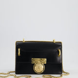 Balmain Black Ring Box 20 Flap Bag in Box Calfskin Leather with Gold Hardware and Medallion Closure Detail