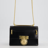 Balmain Black Ring Box 20 Flap Bag in Box Calfskin Leather with Gold Hardware and Medallion Closure Detail