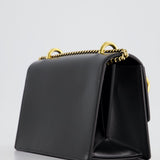 Balmain Black Ring Box 20 Flap Bag in Box Calfskin Leather with Gold Hardware and Medallion Closure Detail