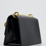 Balmain Black Ring Box 20 Flap Bag in Box Calfskin Leather with Gold Hardware and Medallion Closure Detail