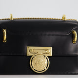 Balmain Black Ring Box 20 Flap Bag in Box Calfskin Leather with Gold Hardware and Medallion Closure Detail