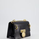 Balmain Black Ring Box 20 Flap Bag in Box Calfskin Leather with Gold Hardware and Medallion Closure Detail