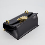 Balmain Black Ring Box 20 Flap Bag in Box Calfskin Leather with Gold Hardware and Medallion Closure Detail