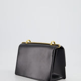 Balmain Black Ring Box 20 Flap Bag in Box Calfskin Leather with Gold Hardware and Medallion Closure Detail