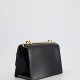 Balmain Black Ring Box 20 Flap Bag in Box Calfskin Leather with Gold Hardware and Medallion Closure Detail