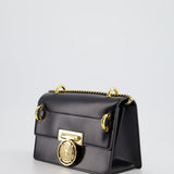 Balmain Black Ring Box 20 Flap Bag in Box Calfskin Leather with Gold Hardware and Medallion Closure Detail