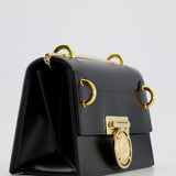 Balmain Black Ring Box 20 Flap Bag in Box Calfskin Leather with Gold Hardware and Medallion Closure Detail