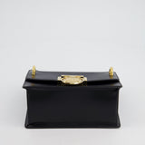 Balmain Black Ring Box 20 Flap Bag in Box Calfskin Leather with Gold Hardware and Medallion Closure Detail