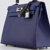 Hermès Kelly 25cm Tricolour Bag in Bleu Saphir, Bleu France and Black Epsom Leather with Palladium Hardware