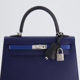 Hermès Kelly 25cm Tricolour Bag in Bleu Saphir, Bleu France and Black Epsom Leather with Palladium Hardware