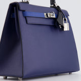 Hermès Kelly 25cm Tricolour Bag in Bleu Saphir, Bleu France and Black Epsom Leather with Palladium Hardware