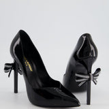 Saint Laurent Black Patent Leather Pointed Heels with Crystal Bow Detail Size EU 38