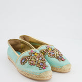 Rene Caovilla Turquoise Blue Metallic Espadrilles with Crystal Embellishments Size EU 39